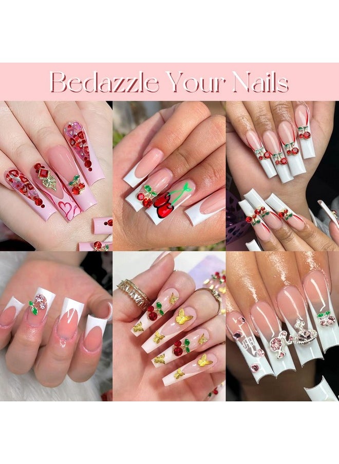 50Pcs 2 Sizes 3D Cherry Nail Charms, Pink + Red Shiny Cute Fruit Luxury Gems, Crystal Diamond Jewels Studs with Rhinestones for Nail Design, Nail Art Decoration Set for Acrylic Nails