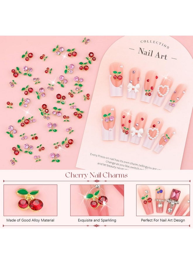 50Pcs 2 Sizes 3D Cherry Nail Charms, Pink + Red Shiny Cute Fruit Luxury Gems, Crystal Diamond Jewels Studs with Rhinestones for Nail Design, Nail Art Decoration Set for Acrylic Nails