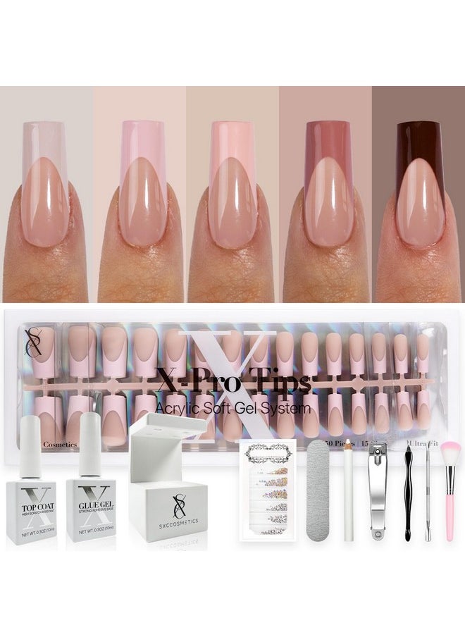 SXC Cosmetics French Tip Press On Nails - Skin Tone Nude and Color Series, Medium Square X-Pro Tips Starter Kit ST117KIT
