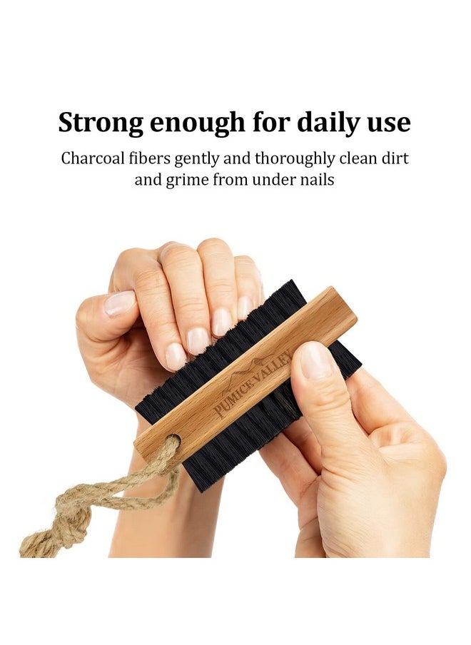 Wooden Cleaning Finger Nail Brush with Nylon Charcoal Bristles & Hanging Rope - Double-Sided Fingernail Brush for Scrubbing Fingernails and Toes (Beechwood)