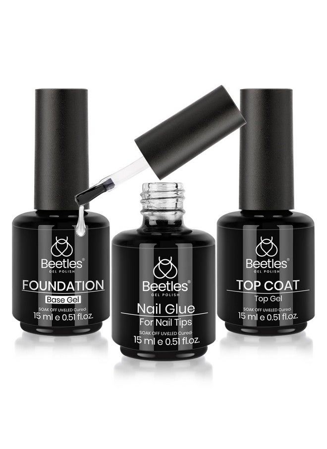 Beetles Top Coat Base Gel & Nail Glue Set-3Pcs No Wipe Top Coat & Base Coat with 5 In 1 Nail Glue Shine Effect Long Lasting Soak Off Uv Light Lamp Diy Valentine's Day Gift for Women