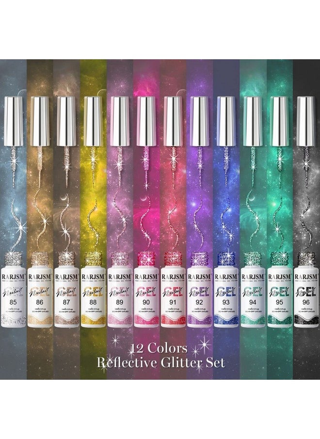 RARJSM Reflective Glitter Nail Art Gel Liner Flash Diamond Painted Polish 12 Colors 5ml Sparkle Silver Brown Hot Pink Green Black Pigment UV LED Soak off Curing Requires for Design