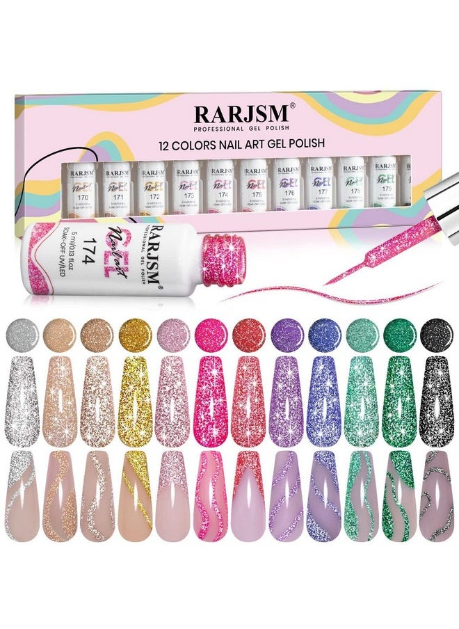 RARJSM Reflective Glitter Nail Art Gel Liner Flash Diamond Painted Polish 12 Colors 5ml Sparkle Silver Brown Hot Pink Green Black Pigment UV LED Soak off Curing Requires for Design
