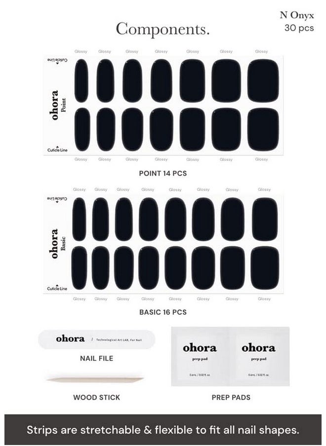 ohora Semi Cured Gel Nail Strips (N Onyx) - Dark, Solid, Works with Any UV/LED Nail Lamps, Salon-Quality, Long Lasting, Easy to Apply & Remove - Includes 2 Prep Pads, Nail File & Wooden Stick