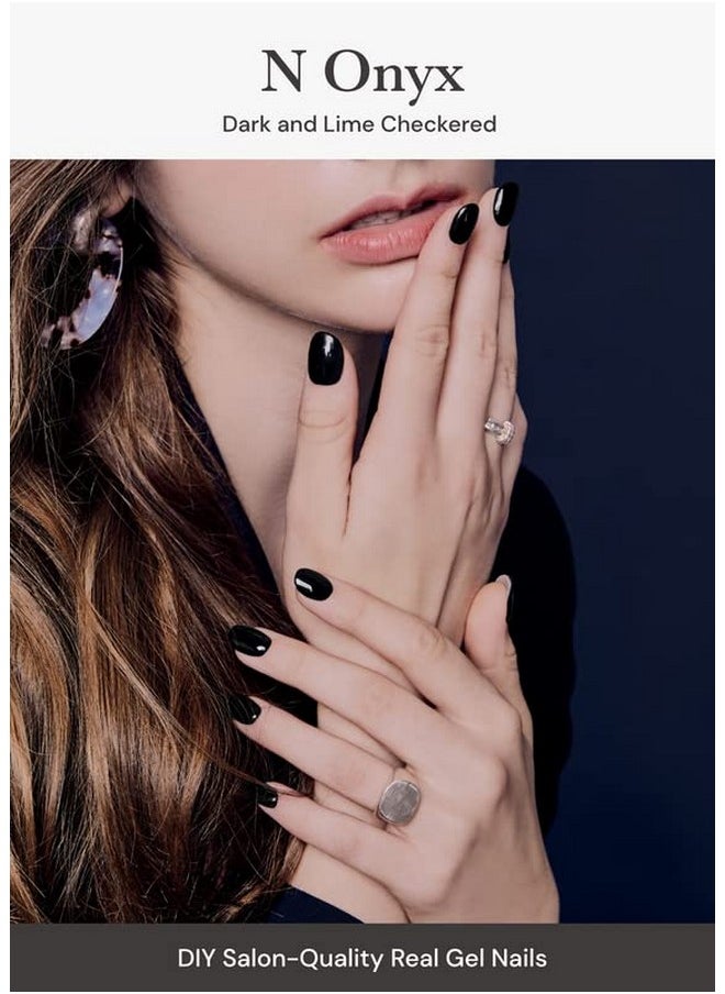 ohora Semi Cured Gel Nail Strips (N Onyx) - Dark, Solid, Works with Any UV/LED Nail Lamps, Salon-Quality, Long Lasting, Easy to Apply & Remove - Includes 2 Prep Pads, Nail File & Wooden Stick