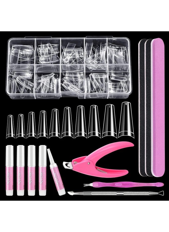 Clear Coffin Nail Tips Set, MORGLES 500pcs Long Nail Tips for Acrylic Nails Professional Half Cover Ballerina French Nail Tips Fake Nails Kit with Nail Glue, Clipper, Files, Cuticle Pusher and Fork