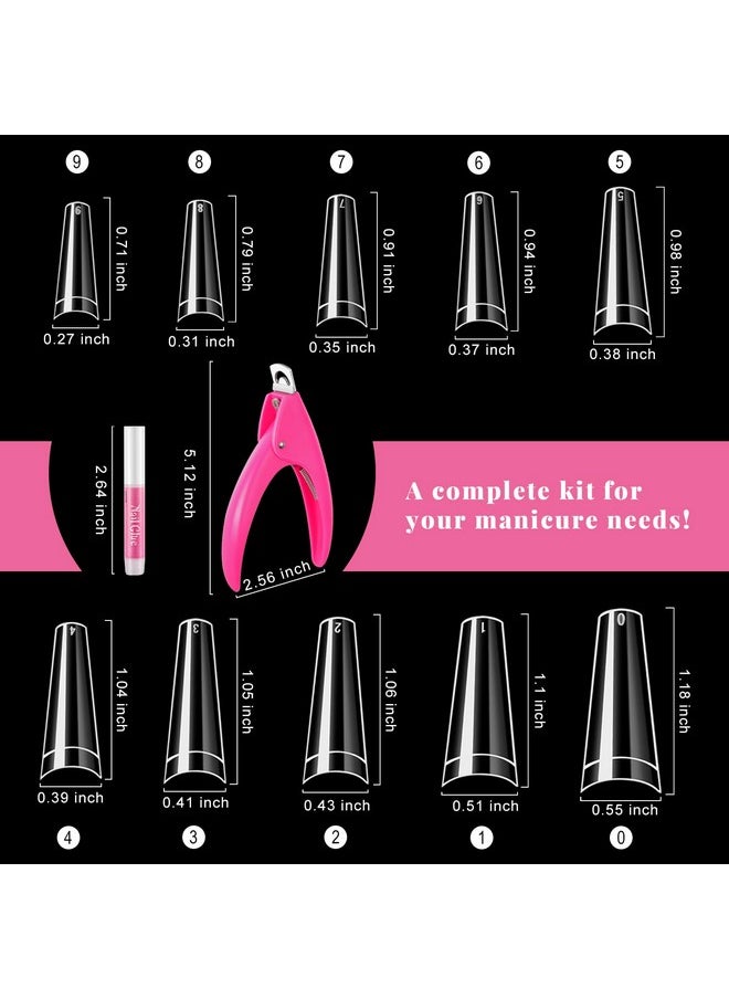 Clear Coffin Nail Tips Set, MORGLES 500pcs Long Nail Tips for Acrylic Nails Professional Half Cover Ballerina French Nail Tips Fake Nails Kit with Nail Glue, Clipper, Files, Cuticle Pusher and Fork