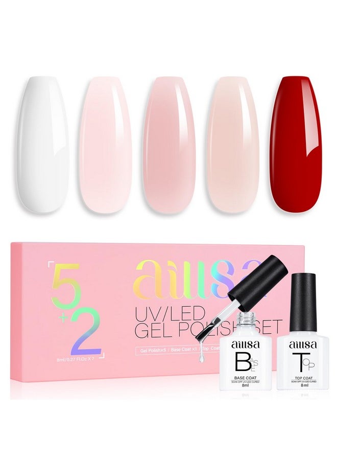 AILLSA Nude Pink Gel Nail Polish Set White Red Gel Nail Polish Milky Neutral Translucent Gel Polish with Base and Top Coat 5+2 Kit Bright Wedding Color Jelly Soak Off U V Manicure Salon DIY at Home
