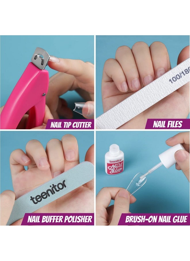 Teenitor Acrylic Fake Nails Kit, Press On Nail Supplies with Clear Coffin Nail Tips Nail Stand Nail Art Brushes Dotting Pen Glitter Sequins Sticker Rhinestones Nail Decorations Press On Nails Kit