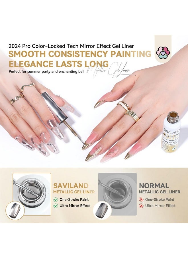 SAVILAND Metallic Gel Nail Polish: 2 Pcs Silver&Gold Nail Polish Chrome Gel Polish Mirror Liner Nail Charms Nail Art Pen Build in Thin Brush VE Castor Oil Salon DIY Manicure Curing Require
