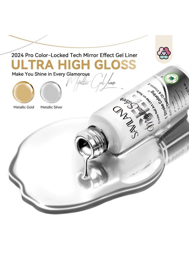 SAVILAND Metallic Gel Nail Polish: 2 Pcs Silver&Gold Nail Polish Chrome Gel Polish Mirror Liner Nail Charms Nail Art Pen Build in Thin Brush VE Castor Oil Salon DIY Manicure Curing Require