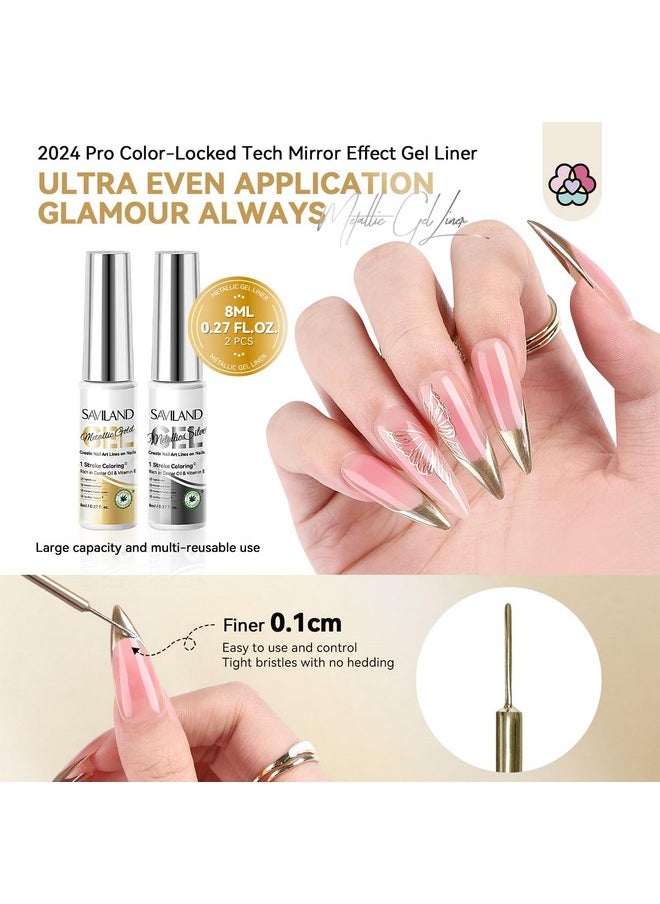 SAVILAND Metallic Gel Nail Polish: 2 Pcs Silver&Gold Nail Polish Chrome Gel Polish Mirror Liner Nail Charms Nail Art Pen Build in Thin Brush VE Castor Oil Salon DIY Manicure Curing Require