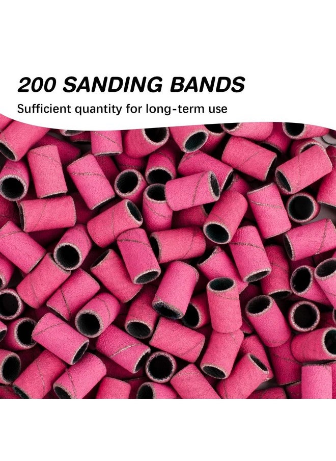 Rolybag Sanding Bands for Nail Drill 240 Grit Extreme Fine Nail Sanding Bands 200Pcs Pink Professional Sanding Bands and 2Pcs Nail Drill Bits for Manicures and Pedicure