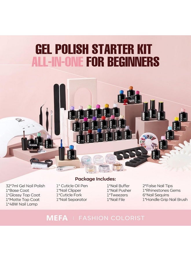 MEFA 56 Pcs Gel Nail Polish Kit with U V Light, 32 Colors All Seasons Soak Off Gel Polish Nail Set with Matte/Glossy Base Top Coat Essential Manicure Tools Nails Art DIY Christmas Gifts for Women