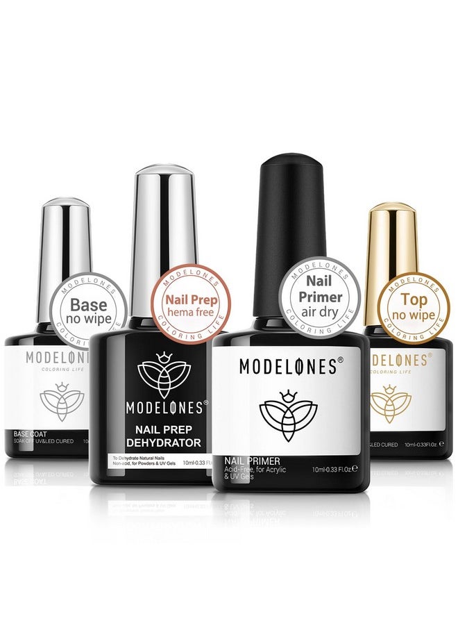 modelones Nail Dehydrator and Primer with Gel Base & Top Coat Set, Acid Free Acrylic Nail Supplies Primer Glossy Gel Nail Polish Top Coat Starter Kit