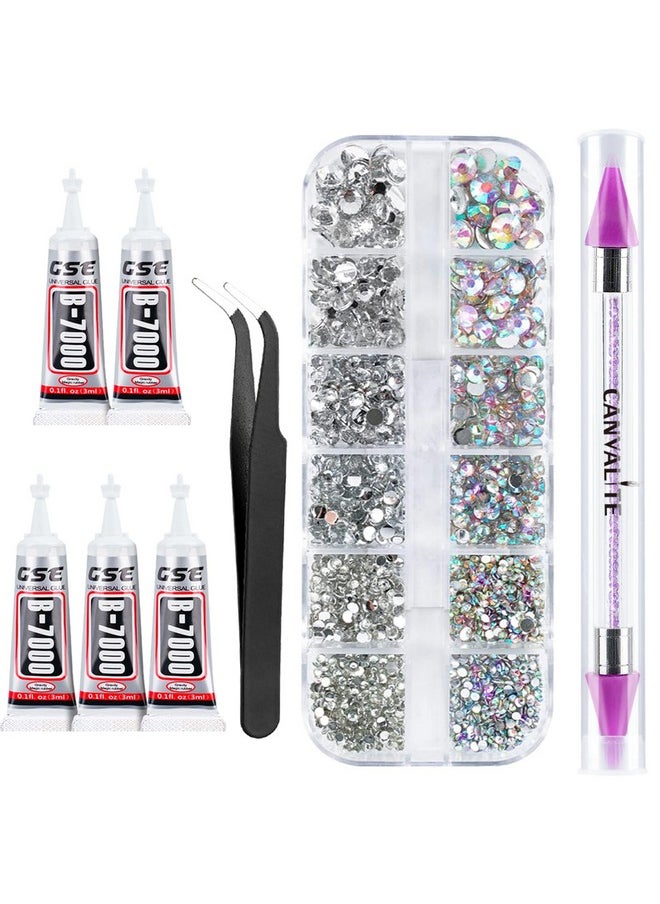 Canvalite 2784PCS Rhinestones Crystal AB Rhinestones for Nail with 5Pcs 3ml B7000 Jewelry Glue and Pick Up Tweezers and Nail Rhinestone Picker, Nail Art Tools,Stocking Stuffers Gifts for Women