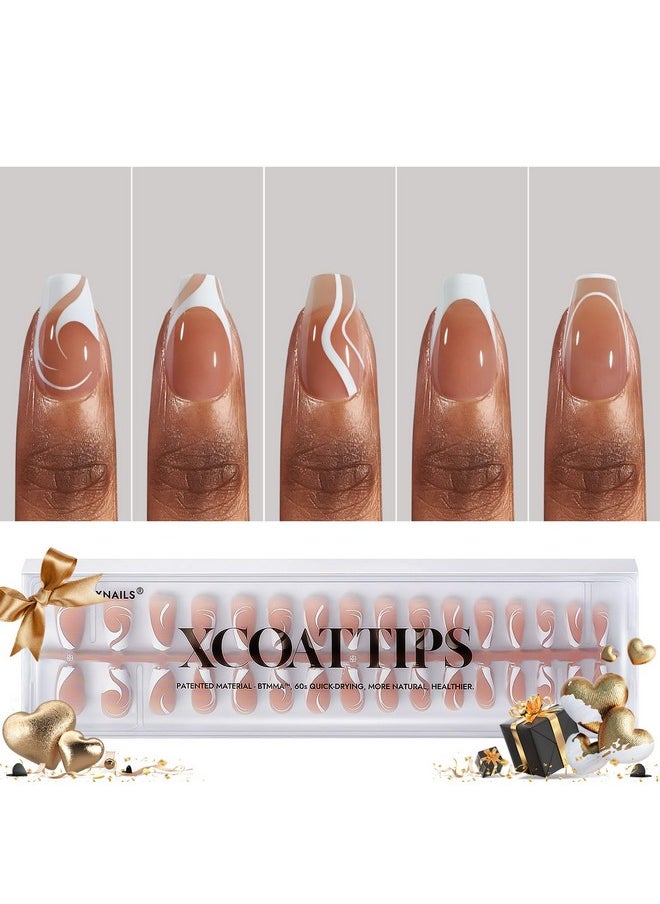 BTArtbox French Tip Press on Nails - 5 Styles XCOATTIPS Short Coffin Nails, Pre-Designed Swirl Soft Gel Nail Tips, Ultra Fit False Nails, Soak Off Acrylic Fake Nails Extensions for Valentines Day Gift