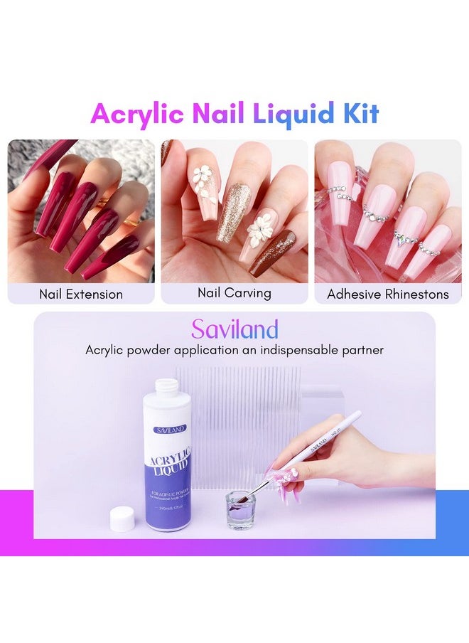 Saviland Monomer Acrylic Nail Liquid - 8.11fl.oz Acrylic Liquid with 3PCS Acrylic Brushes Size（8/10/14）for Acrylic Powders, Non-Yellowing Acrylic Nail Liquid for DIY Home Nail Salon Use