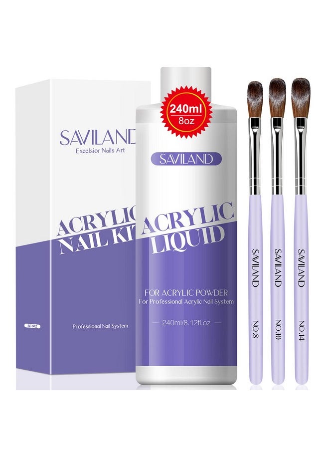 Saviland Monomer Acrylic Nail Liquid - 8.11fl.oz Acrylic Liquid with 3PCS Acrylic Brushes Size（8/10/14）for Acrylic Powders, Non-Yellowing Acrylic Nail Liquid for DIY Home Nail Salon Use