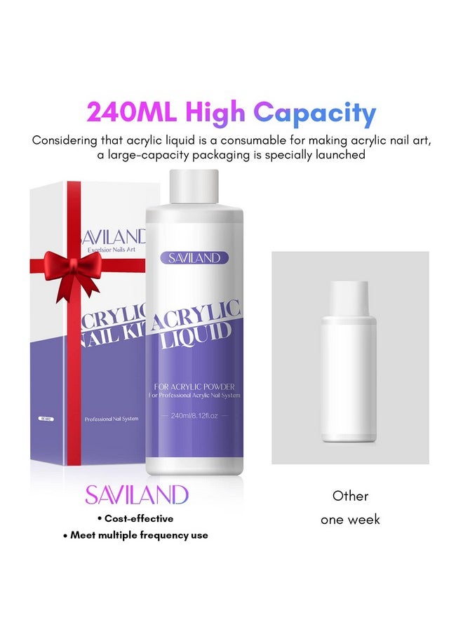 Saviland Monomer Acrylic Nail Liquid - 8.11fl.oz Acrylic Liquid with 3PCS Acrylic Brushes Size（8/10/14）for Acrylic Powders, Non-Yellowing Acrylic Nail Liquid for DIY Home Nail Salon Use