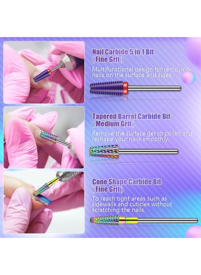 [Upgraded]Depvko 3Pcs Nail Drill Bits Set for Nails 3/32 Inches, 5 in 1 Tapered Barrel and Cone Shape Carbide Nail Drill Bits for Acrylic or Gel Remover