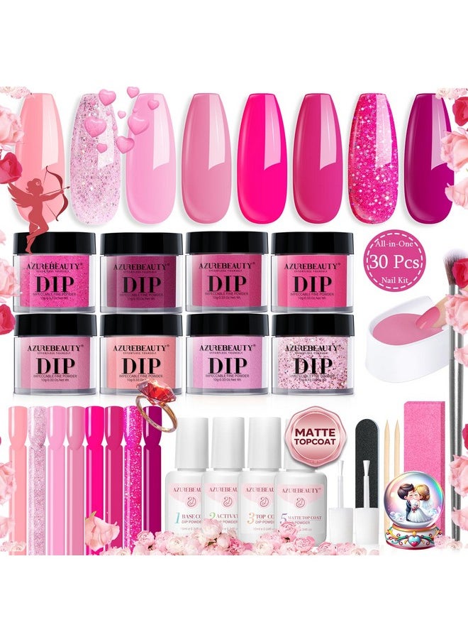 AZUREBEAUTY Dip Powder Nail Starter Kit with Matte Coat, 8 Hot Pink Glitter Neon Summer Dip Powder Color, Dipping Powder Liquid Set with Base/Top Coat/ Activator/10 Nail Sticks Salon at Home
