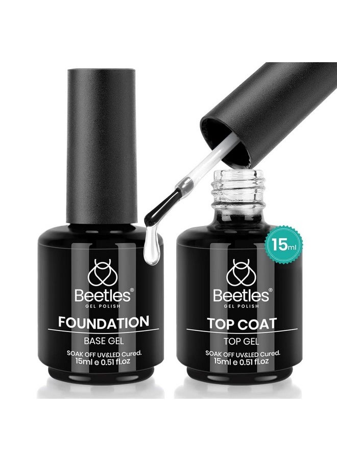 Beetles 2 Pcs 15ml No Wipe Gel Top Coat and Base Coat Set - Shine Finish and Long Lasting, Soak Off LED Nail Lamp Gel Base Top Coat Finish Nail Art Design Manicure Valentine’s Day Gifts for Women