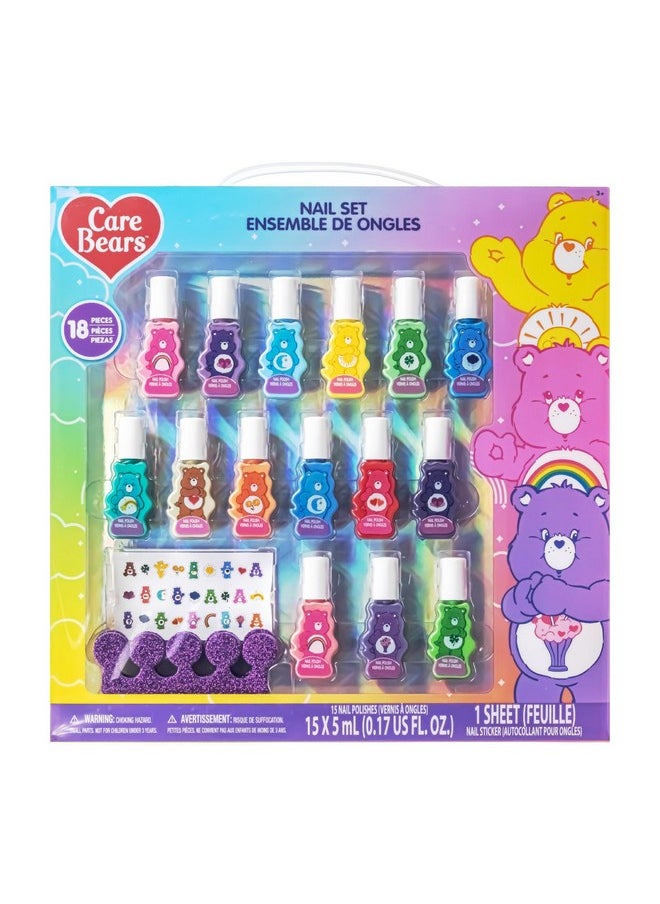 Townley Girl Care Bears 15 pcs Non-Toxic Nail Polish Set for Kids with Stickers & Toe Spacers | Peel able & Quick Dry | Birthday Gifts for Ages 3