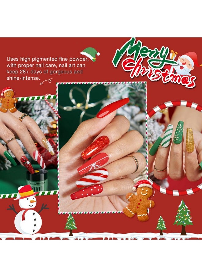 AZUREBEAUTY Christmas Dip Powder Nail Kit, 4 Colors Red Green Gold Glitter Dipping Powder System Liquid Set Recycling Tray, French Nail Art Base & Top Coat Activator DIY Salon.
