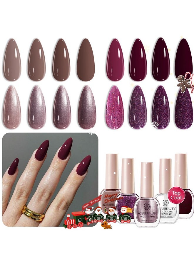 AZUREBEAUTY Nail Polish Set, 4 Colors Brown Purple Glitter Fall Winter Vegan Quick Dry Natural Nail Lacquer Strengthening Treatment Kit with Top Coat DIY Salon at Home