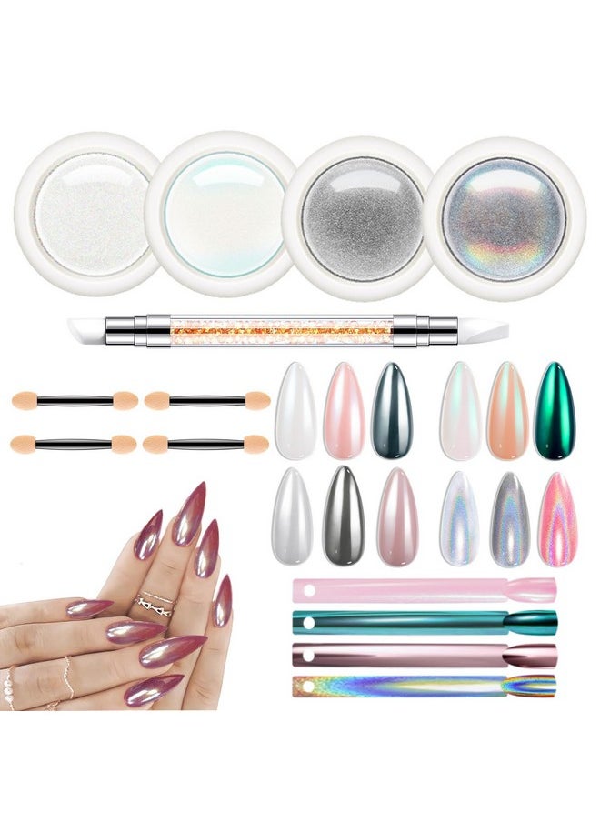 modelones Chrome Powder for Nails 4 pcs, Magic White Pearl Chrome Nail Powder Kit Mirror Effect Chrome Powder Holographic Nail Powder Pigment Glitter Nail Powder Nailr Art Decoration