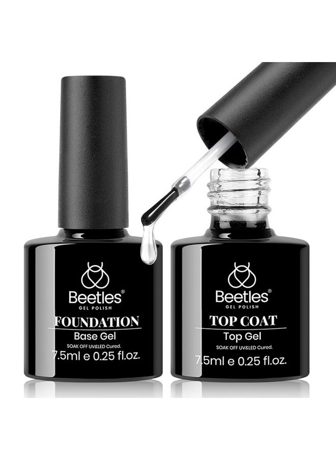 Beetles 2pcs 7.5ml No Wipe Gel Top Coat and Base Coat Set, Soak Off LED Clear Gel Base Top Gel Glossy Shine Finish Long Lasting Gel Polish Base and Top Coat Gel Lamp Nails Art DIY Home