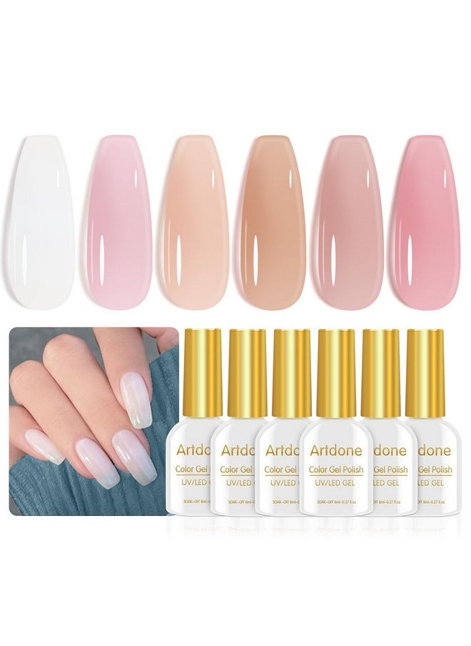 Artdone Sheer Gel Nail Polish Set Jelly UV Gel 6 Colors Translucent Milky White Pink Nude Brown Colors Nail Polish For All Seasons Neutral Soak off LED Lamp Gel Manicure Kit For Nail Art