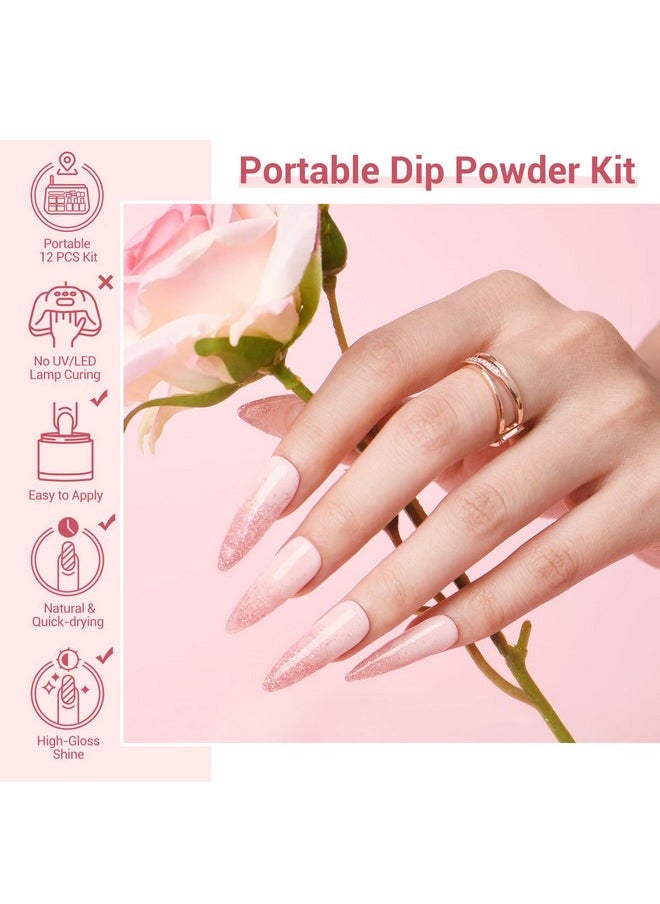 AZUREBEAUTY Dip Powder Nail Kit Starter, Transparent Nude Neutral Skin Pink Glitter, 4 Colors Dipping Powder Set All Seasons, French Nail Art Base Top Coat Activator Liquid Manicure DIY Salon 12 PCS