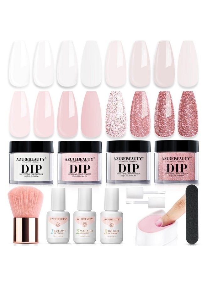 AZUREBEAUTY Dip Powder Nail Kit Starter, Transparent Nude Neutral Skin Pink Glitter, 4 Colors Dipping Powder Set All Seasons, French Nail Art Base Top Coat Activator Liquid Manicure DIY Salon 12 PCS
