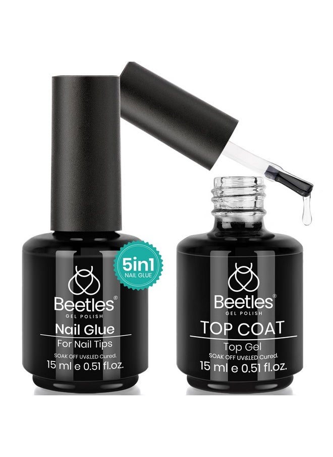 beetles Gel Polish 5 in 1 Nail Glue and No Wipe Top Coat Kit 2PCS 15ML for Gel Nails Easy Nail Extension Gel, Soak Off LED Gel Shine Finish and Long Lasting