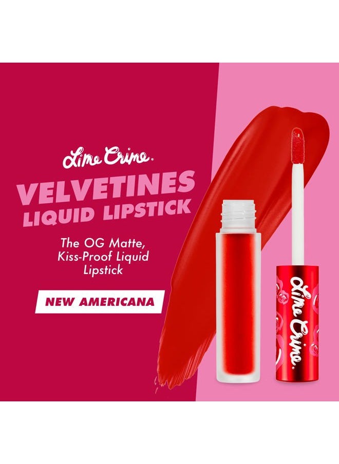 Velvetines Liquid Matte Lipstick, New Americana (Flame Red) - Bold, Long Lasting Shades & Lip Lining - Stellar Color & High Comfort for All-Day Wear - Talc-Free & Paraben-Free