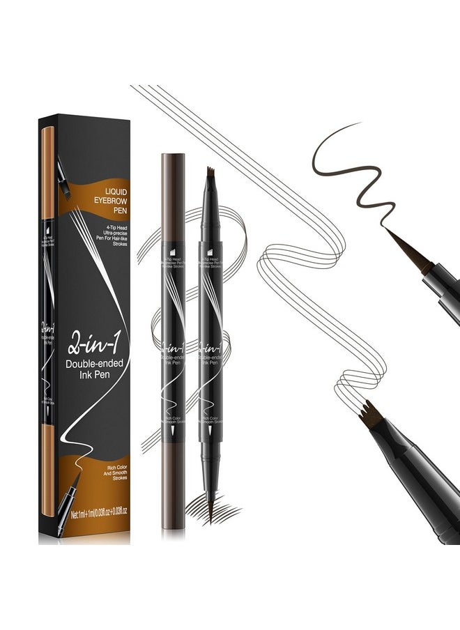 2-in-1 Dual-Ended Microblading Eyebrow Pencils,Waterproof Eyebrow Pen with 4-Fork Micro-Fork Applicator and Precise Brush-Tip,Brow Pen for Natural Waterproof and Long-Lasting Women(Dark Brown)