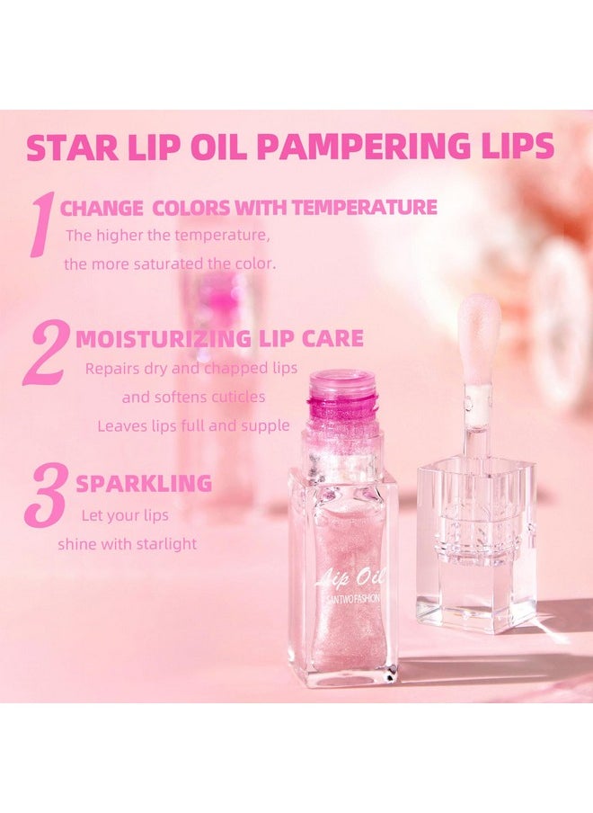 HOSAILY Magic Color Changing Lip Oil with Brown Lip Liner,Big Brush Head Hydrating Non-Sticky Moisturizing Lightweight Pink Glitter Tinted Lip Gloss for Women Plumping Lip Glow Oil for Dry Lips Makeup