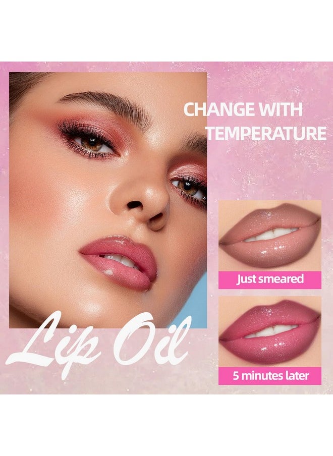 HOSAILY Magic Color Changing Lip Oil with Brown Lip Liner,Big Brush Head Hydrating Non-Sticky Moisturizing Lightweight Pink Glitter Tinted Lip Gloss for Women Plumping Lip Glow Oil for Dry Lips Makeup