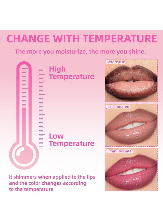 HOSAILY Magic Color Changing Lip Oil with Brown Lip Liner,Big Brush Head Hydrating Non-Sticky Moisturizing Lightweight Pink Glitter Tinted Lip Gloss for Women Plumping Lip Glow Oil for Dry Lips Makeup