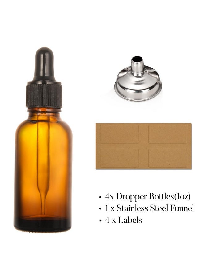 AOZITA Set of 4, 1 oz Eye Dropper Bottles with 1 Stainless Steel Funnels & 4 Labels - 30ml Thick Dark Amber Glass Tincture Bottles - Leakproof Essential Oils Bottle for Storage and Travel