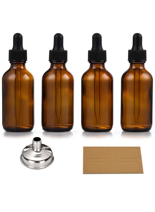 AOZITA Set of 4, 1 oz Eye Dropper Bottles with 1 Stainless Steel Funnels & 4 Labels - 30ml Thick Dark Amber Glass Tincture Bottles - Leakproof Essential Oils Bottle for Storage and Travel