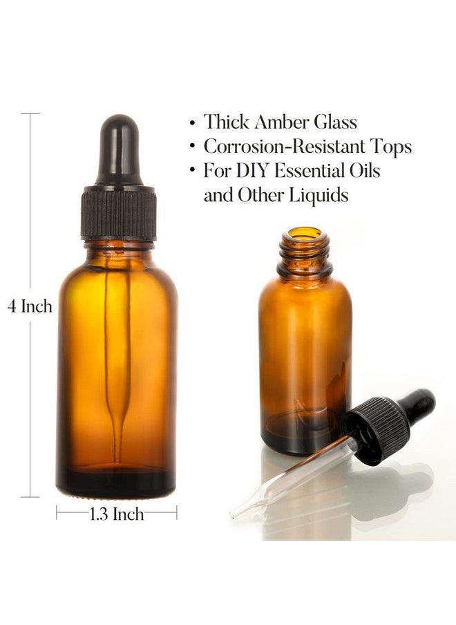 AOZITA Set of 4, 1 oz Eye Dropper Bottles with 1 Stainless Steel Funnels & 4 Labels - 30ml Thick Dark Amber Glass Tincture Bottles - Leakproof Essential Oils Bottle for Storage and Travel