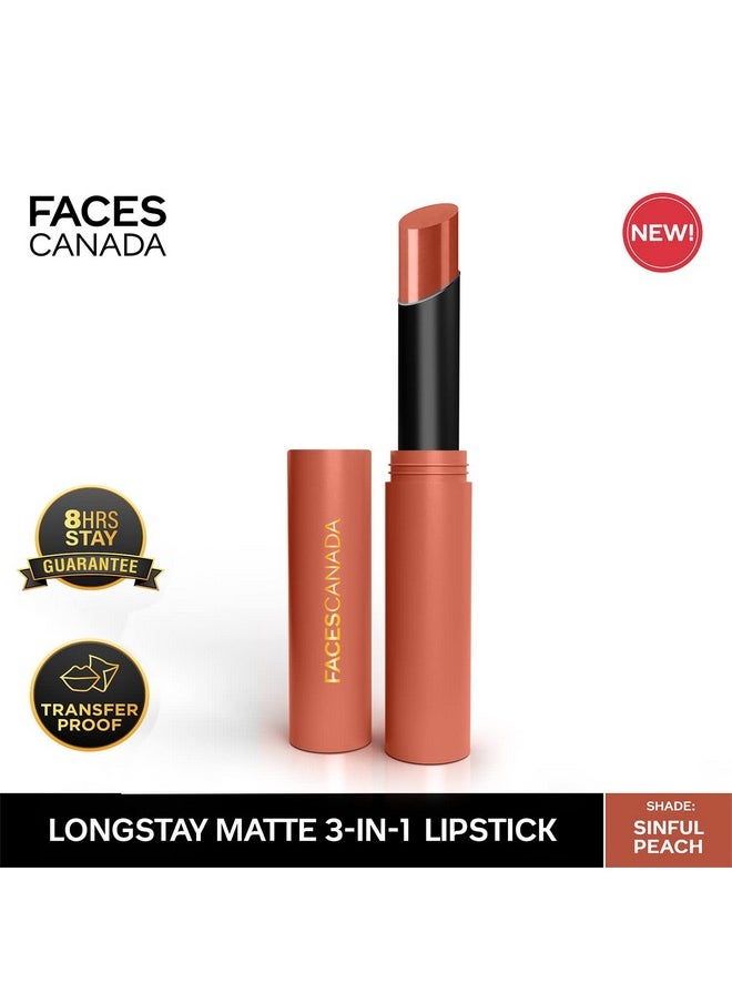 FACESCANADA Long Stay 3-In-1 Matte Lipstick - Sinful Peach 05, 2 Gm