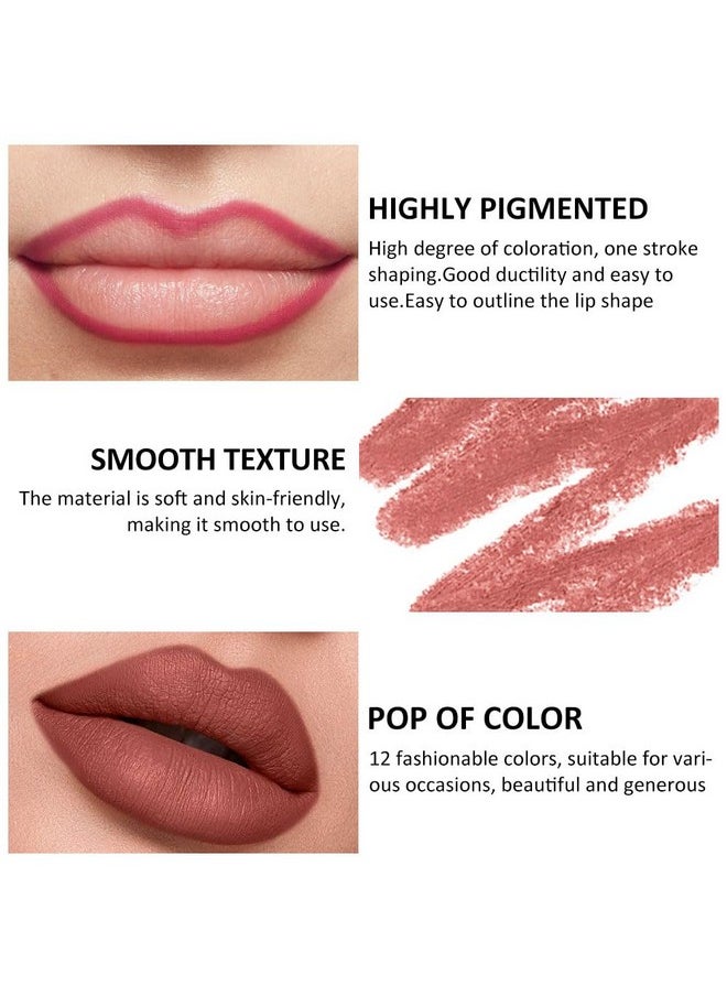 12 Pcs Natural Nude Brown Beige Colors Lip Liner Lipstick Pencils Set for Daily Makeup,Easy to Apply & Remove,Waterproof