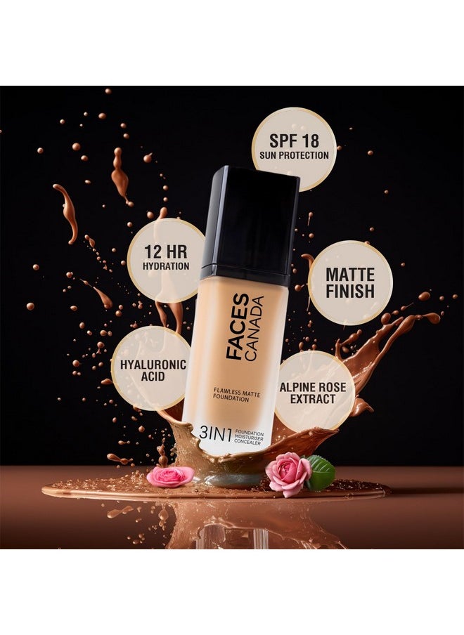 FACESCANADA Flawless Matte Foundation-Absolute Ivory,30 Ml 3-In-1 Foundation+Moisturizer Cream For All Skin Types+Concealer|12 Hr Hydration+Spf 1|Hd Matte Coverage|Lightweight|Anti Ageing,Pack Of 1