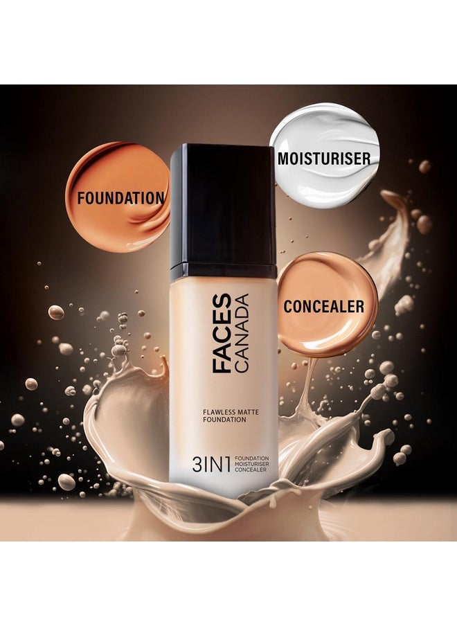 FACESCANADA Flawless Matte Foundation-Absolute Ivory,30 Ml 3-In-1 Foundation+Moisturizer Cream For All Skin Types+Concealer|12 Hr Hydration+Spf 1|Hd Matte Coverage|Lightweight|Anti Ageing,Pack Of 1