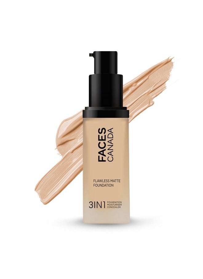 FACESCANADA Flawless Matte Foundation-Absolute Ivory,30 Ml 3-In-1 Foundation+Moisturizer Cream For All Skin Types+Concealer|12 Hr Hydration+Spf 1|Hd Matte Coverage|Lightweight|Anti Ageing,Pack Of 1