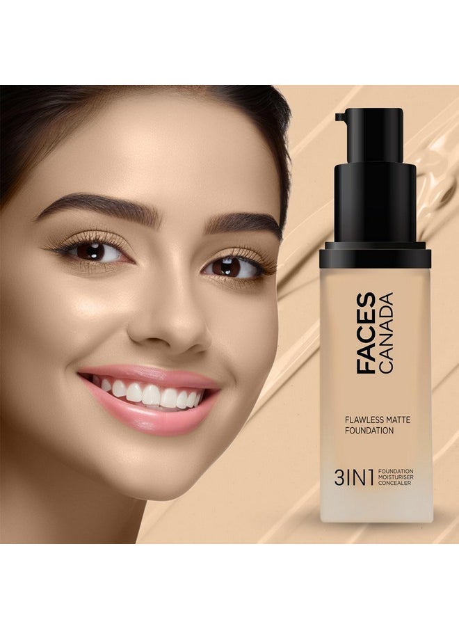 FACESCANADA Flawless Matte Foundation-Absolute Ivory,30 Ml 3-In-1 Foundation+Moisturizer Cream For All Skin Types+Concealer|12 Hr Hydration+Spf 1|Hd Matte Coverage|Lightweight|Anti Ageing,Pack Of 1